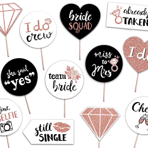 Bridal Shower Printable Photo Booth Props - Rose Gold Black and White - 12 Hand Painted Signs - Bachelorette Hen Party