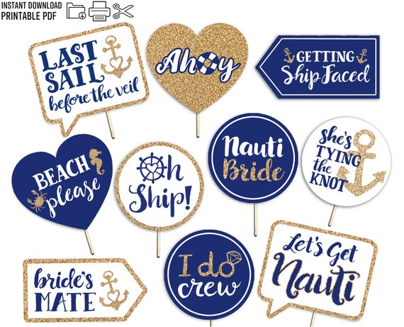 Nautical Bachelorette Printable Photo Booth Props 10 Signs Gold