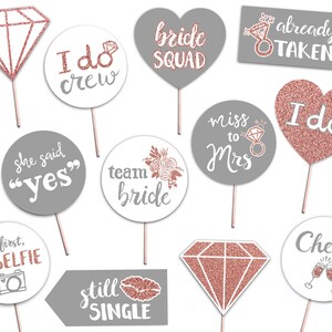 Bridal Shower Printable Photo Booth Props - Rose Gold Gray and White - 12 Hand Painted Signs - Bachelorette Hen Party