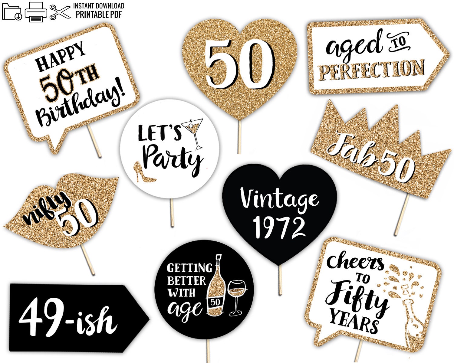 50th Birthday Printable Photo Booth Props Gold Black and - Etsy UK