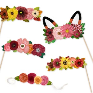 Utskrivbara fotobåsrekvisita för blomsterkronor och fest - 5 utskrivbara handmålade höstblommönster - Rävöron - Boho Rustik fotobås