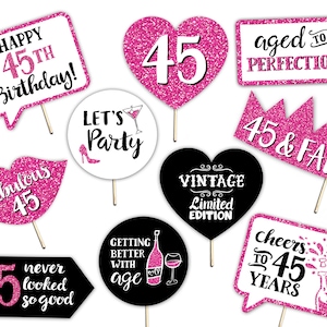 45th Birthday Printable Photo Booth Props - Hot Pink Black and White - 10 Signs - Fabulous Forty Five Party Decorations