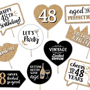 48th Birthday Printable Photo Booth Props - 10 Signs Instant Download and Print - Gold Glitter - Forty Eight Adult Party Decorations
