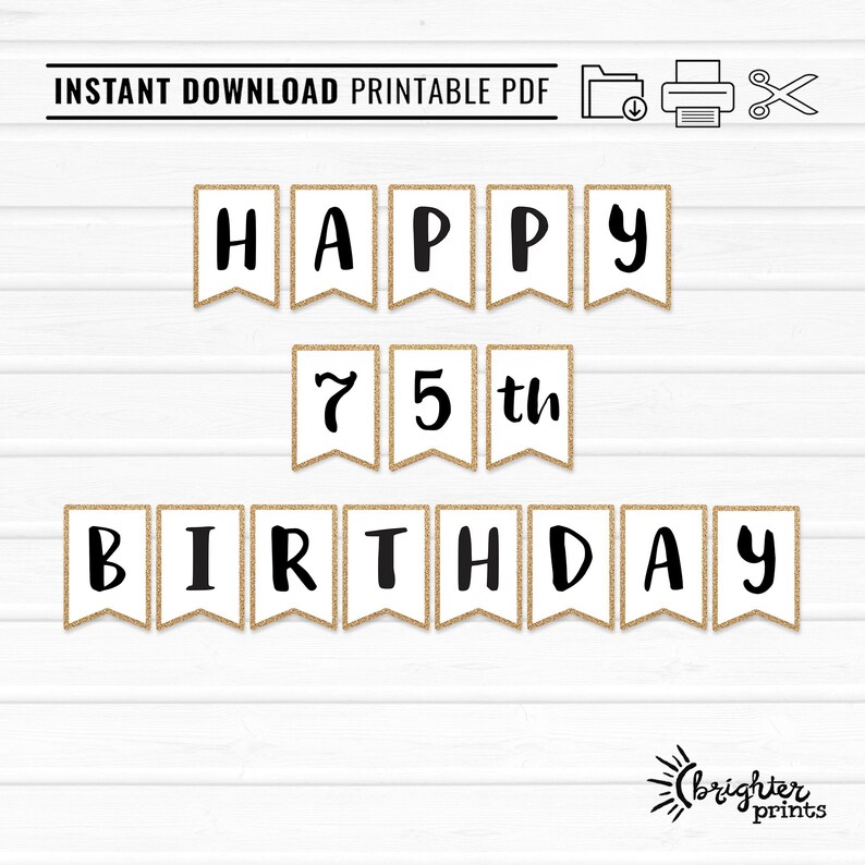Happy 75th Birthday Banner – Gold Glitter DIY Party Decor (digital ...