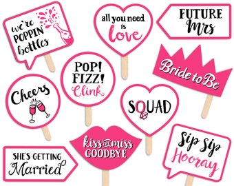 Engagement Party Printable Photo Booth Props - Pink Black and White - 10 Hand Painted Signs - Chic Classy Bridal Shower Bachelorette