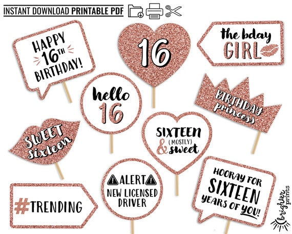 16th Birthday Printable Photo Booth Props Rose Gold Glitter Sweet.
