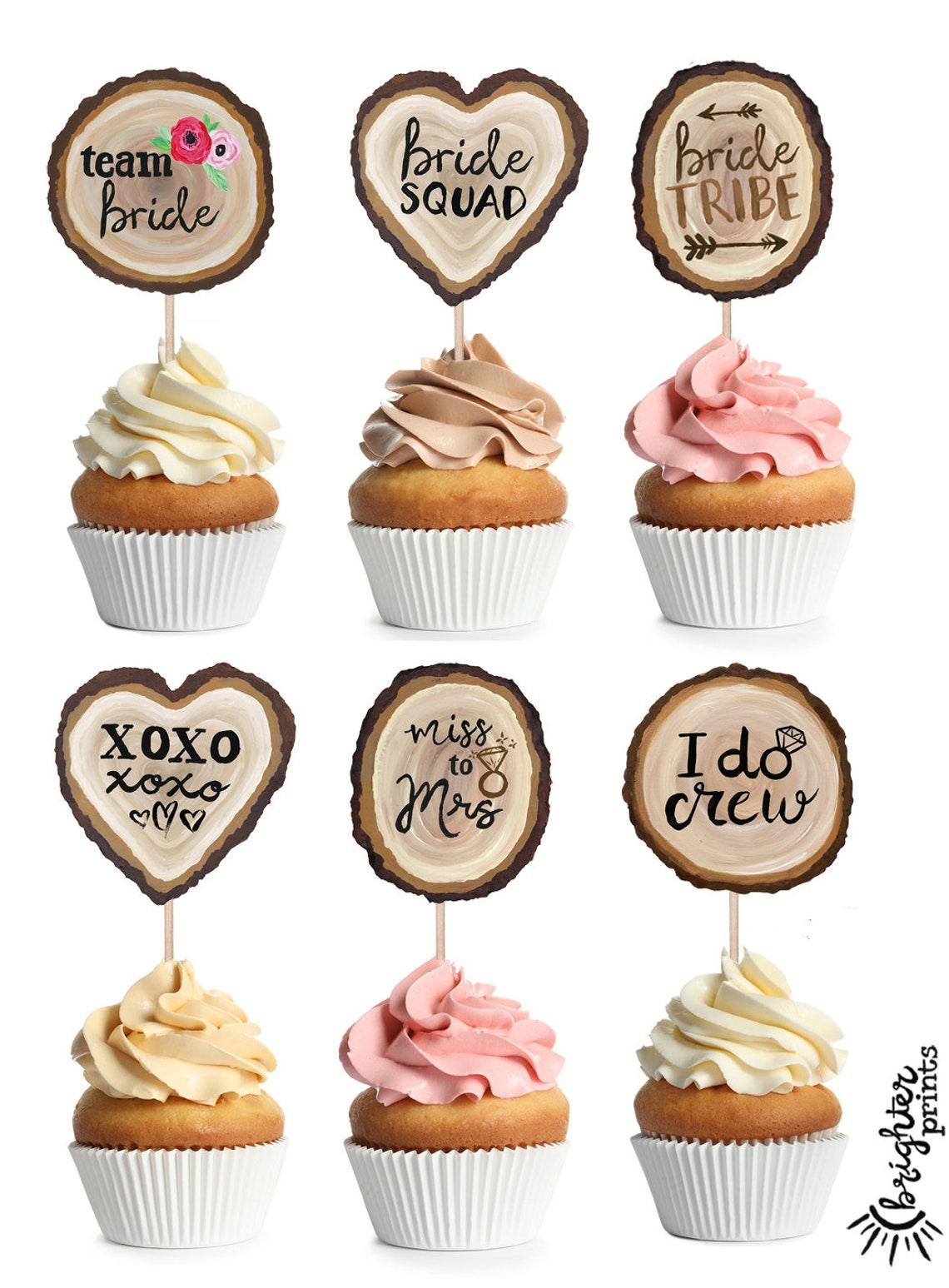 Bridal Shower Cupcake Toppers Printable Hand Painted Wood | Etsy