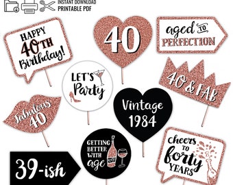 Accesorios para fotomatón imprimibles de 40 cumpleaños - Oro rosa, blanco y negro - 10 carteles - Cuadragésima fiesta