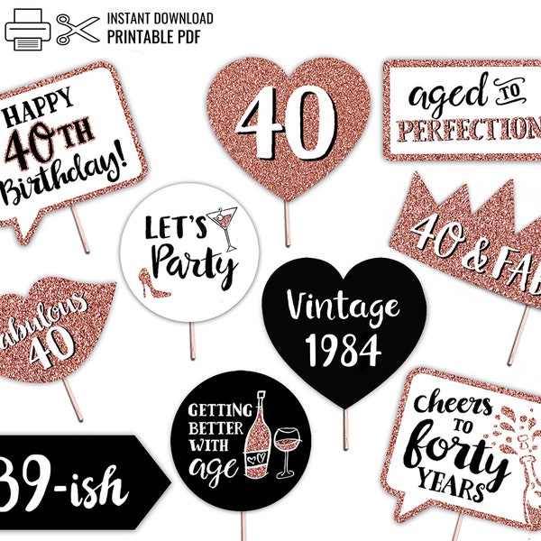 Accessoires de cabine photo imprimables pour 40e anniversaire - Or rose noir et blanc - 10 panneaux - 40e 40e anniversaire