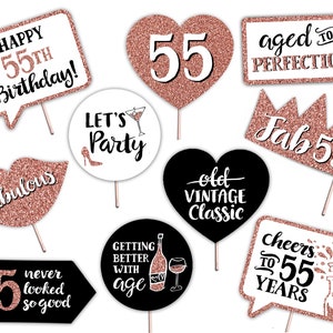 55th Birthday Printable Photo Booth Props - Gold Black and White - 10 Signs - Fabulous Fifty Five Party Decorations