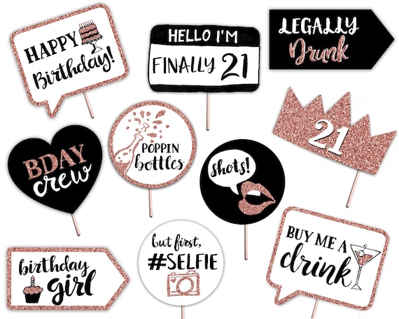 21st Birthday Printable Photo Booth Props Rose Gold Black and
