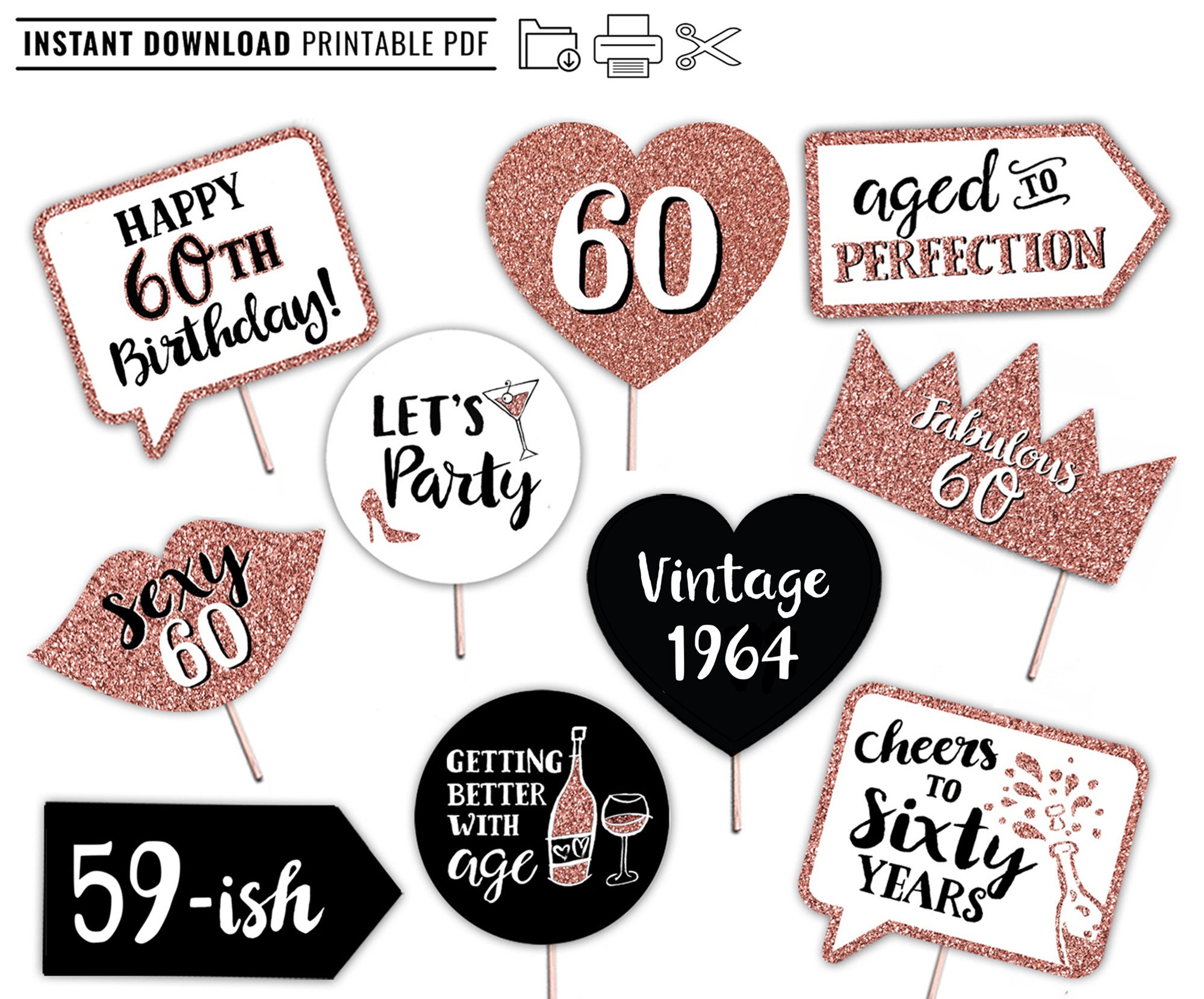 60th Birthday Printable Photo Booth Props Rose Gold Black and