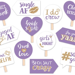 Funny Bride Squad Bridal Shower or Bachelorette Party Printable Photo Booth Props - Lavender and Gold - 12 Hand Painted Signs