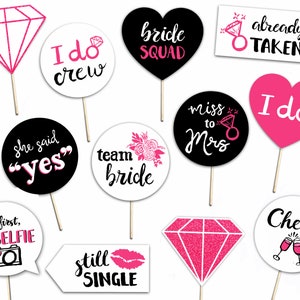 Bachelorette Party Printable Photo Booth Props - Hot Pink Black and White - 12 Hand Painted Signs - Bridal Shower Hen Party