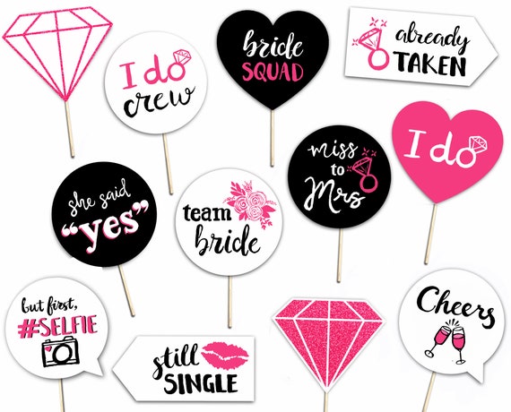 Bachelorette Party Printable Photo Booth Props Hot Pink Black and White 12 Hand Painted Signs Bridal Shower Hen Party