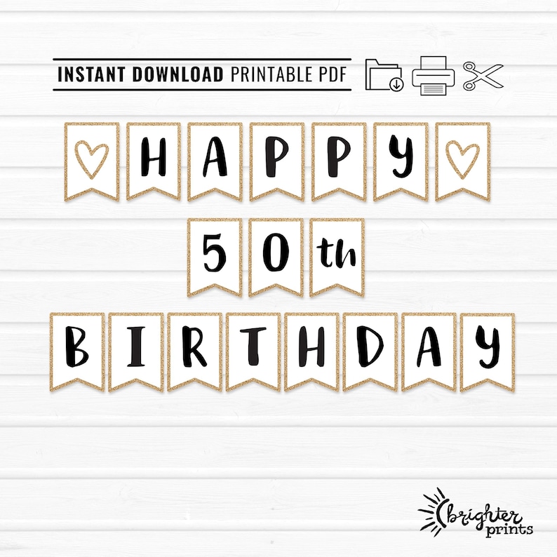 Happy 50th Birthday Banner – Gold Glitter DIY Party Decor (digital ...