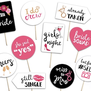 Bachelorette Party Printable Photo Booth Props - Pink Gold Black and White - 10 Hand Painted Signs