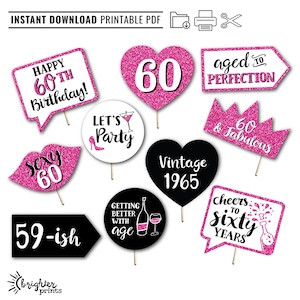 Accesorios imprimibles para fotomatón de 60 cumpleaños - Rosa intenso, blanco y negro - 10 letreros - Fiesta de 60 cumpleaños