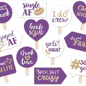 Funny Bride Squad Bridal Shower or Bachelorette Party Printable Photo Booth Props - Gold Purple White - 12 Hand Painted Signs