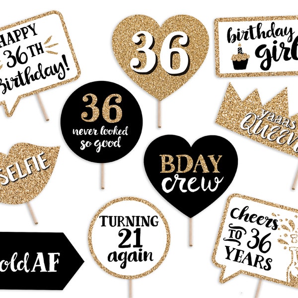 36th Birthday Printable Photo Booth Props - 10 Signs Instant Download & Print - Gold Glitter - Thirty Six Adult Party Decorations