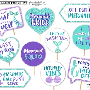 Afdrukbare zeemeermin Bachelorette Photo Booth Props - 10 borden Glitter Purple Teal Aqua - Zeemeermin Thema Oceaan Bruidsdouche Vrijgezellenfeest