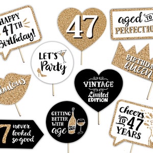 47th Birthday Printable Photo Booth Props - 10 Signs Instant Download and Print - Gold Glitter - Forty Seven Adult Party Decorations