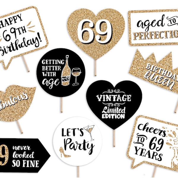 69th Birthday Printable Photo Booth Props - 10 Signs Instant Download and Print - Gold Glitter - Sixty Nine Adult Party Decorations