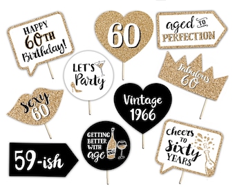 Accesorios imprimibles para fotomatón de 60 cumpleaños, dorados/decoración DIY para fiestas de sesenta años