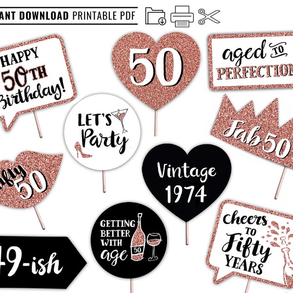 50th Birthday Printable Photo Booth Props - INSTANT DOWNLOAD - Rose gold Black and White - 10 Party Signs - Fabulous Fifty