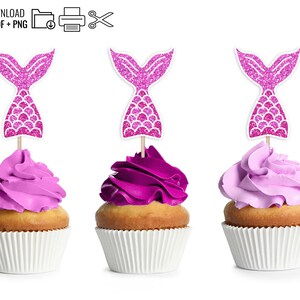 Printable Mermaid Tail Cupcake Toppers - DIY Instant Download Digital PDF + PNG for Cricut - Glitter Magenta Hot Pink Party Decorations