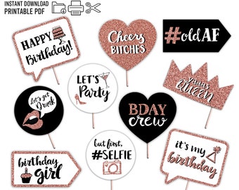 Funny Adult Birthday Printable Photo Booth Props - Rose Gold Black and White - 10 Hand Painted Signs - Alcohol Drinking Funny Photobooth