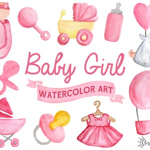 Baby Girl Clipart - 10 PNG Watercolor Elements - Baby Shower Pink ...