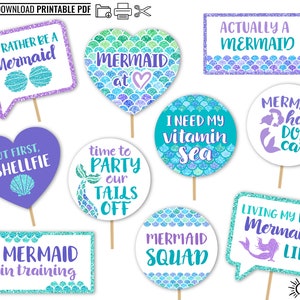 Printable Mermaid Photo Booth Props - INSTANT DOWNLOAD Digital PDF - 10 ...