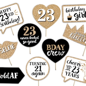 23. Geburtstag druckbare Photo Booth Requisiten - 10 Zeichen - Sofortiger Download & Druck - Gold Glitzer - Dreiundzwanzig Party Dekorationen