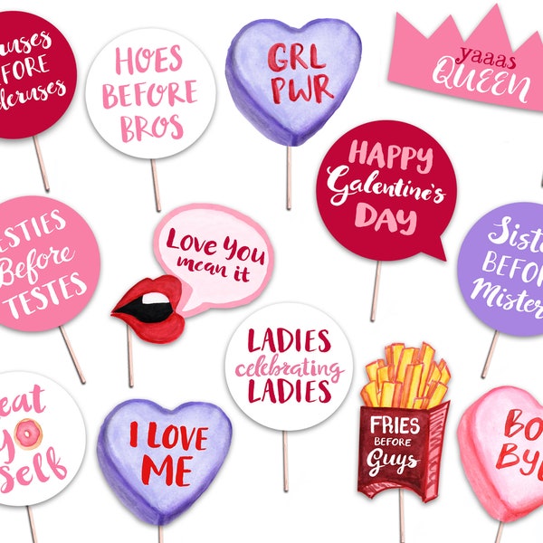 Printable Galentine's Day Photo Booth Props - Girls Party - Anti Valentine's Day - Hand Lettering Watercolor Signs Photobooth