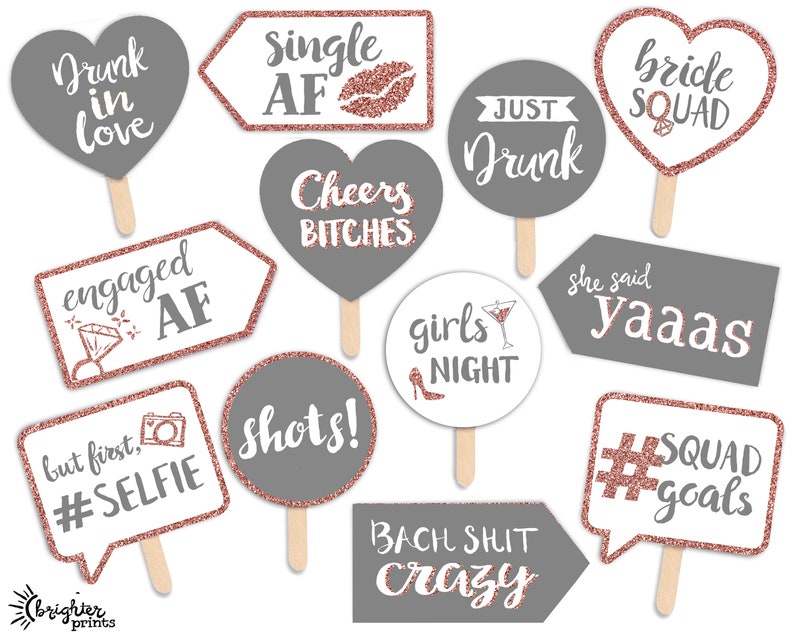 Rose Gold Gray White Funny Bride Squad Bachelorette Party Printable Photo Booth Props Bridal Shower Hen Party 12 Hand Painted Signs