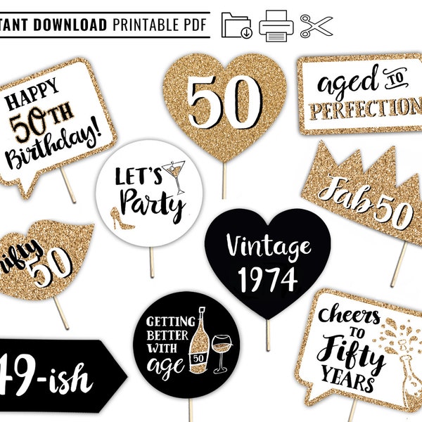 50th Birthday Printable Photo Booth Props - Gold Black and White - 10 Signs - Fabulous Fifty Party