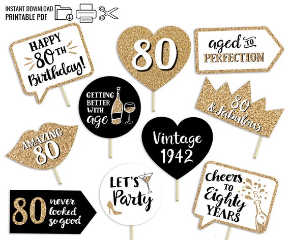 80th Birthday Printable Photo Booth Props Gold Black and - Etsy