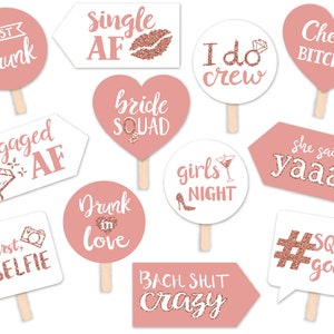 Funny Bride Squad Bridal Shower or Bachelorette Party Printable Photo Booth Props - Blush Pink and Rose Gold - 12 Hand Painted Signs
