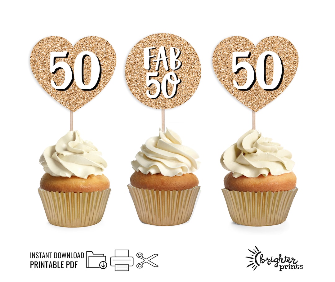 Printable 50th Birthday Cupcake Toppers - Instant Download PDF - Gold ...