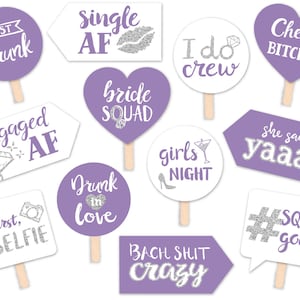 Funny Bride Squad Bridal Shower or Bachelorette Party Printable Photo Booth Props - Lavender and Silver - 12 Hand Painted Signs