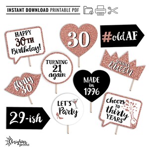 30th Birthday Printable Photo Booth Props - Rose Gold - 10 Signs - Flirty Thirty Party