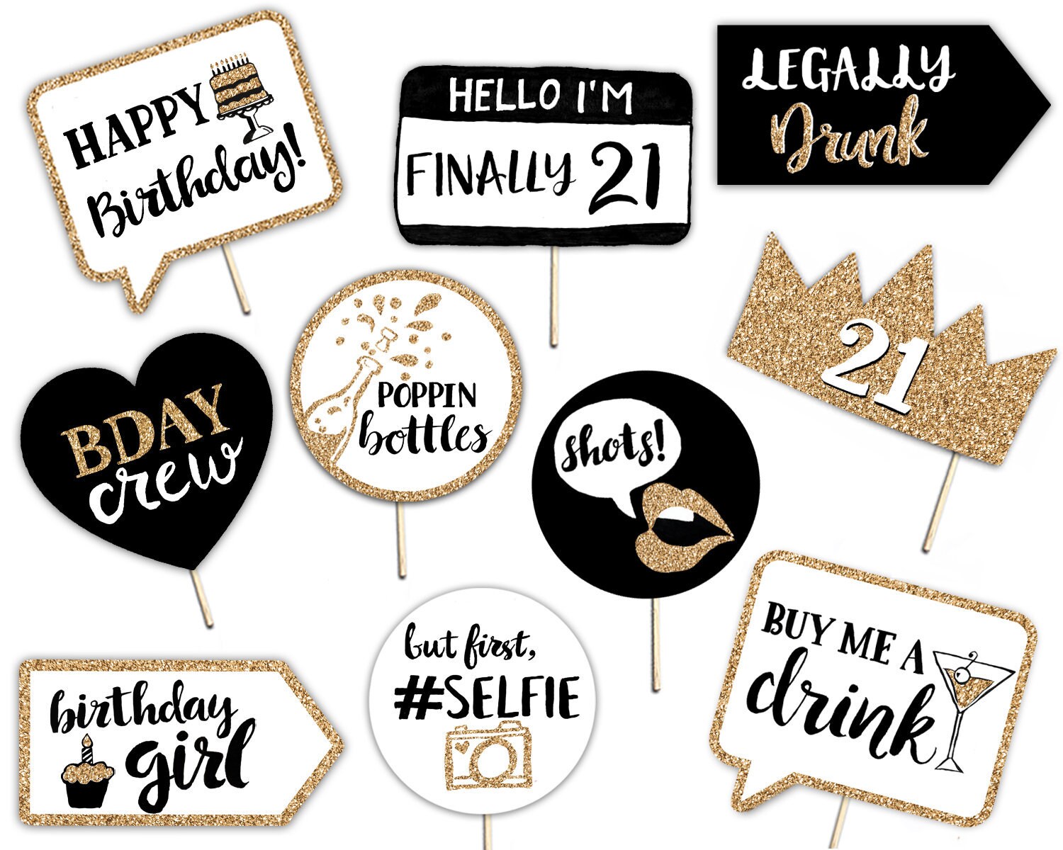 21st Birthday Printable Photo Booth Props Gold Black and - Etsy Australia