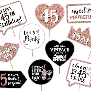 45th Birthday Printable Photo Booth Props - Rose Gold Black and White - 10 Signs - Fabulous Forty Five Party Decorations