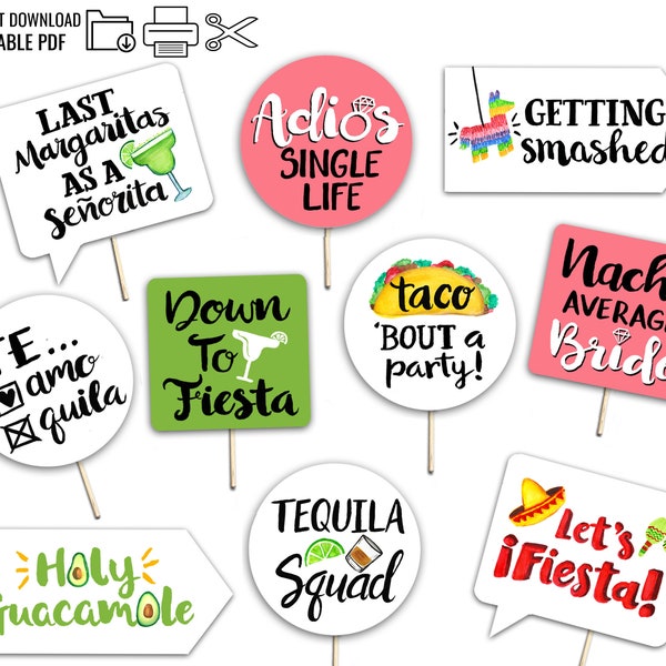 Fiesta Bachelorette Printable Photo Booth Props - 10 Funny Printable Party Signs Mexican Theme Bridal Adult Photobooth