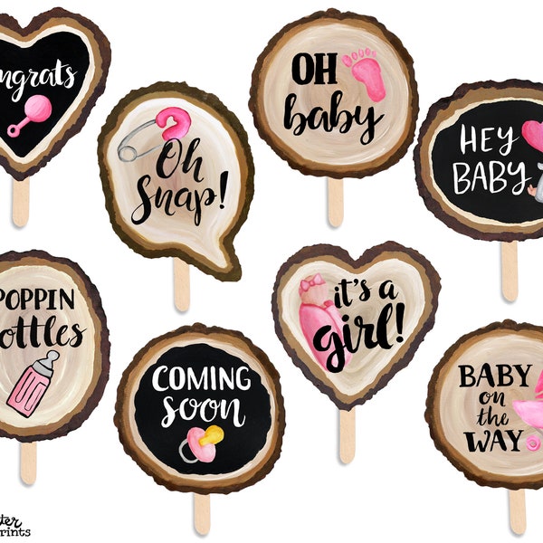 Rustic Baby Shower Girl - Printable Photo Booth Props - 8 Hand Painted Wood Slice Signs - Woodland Boho Party Photobooth