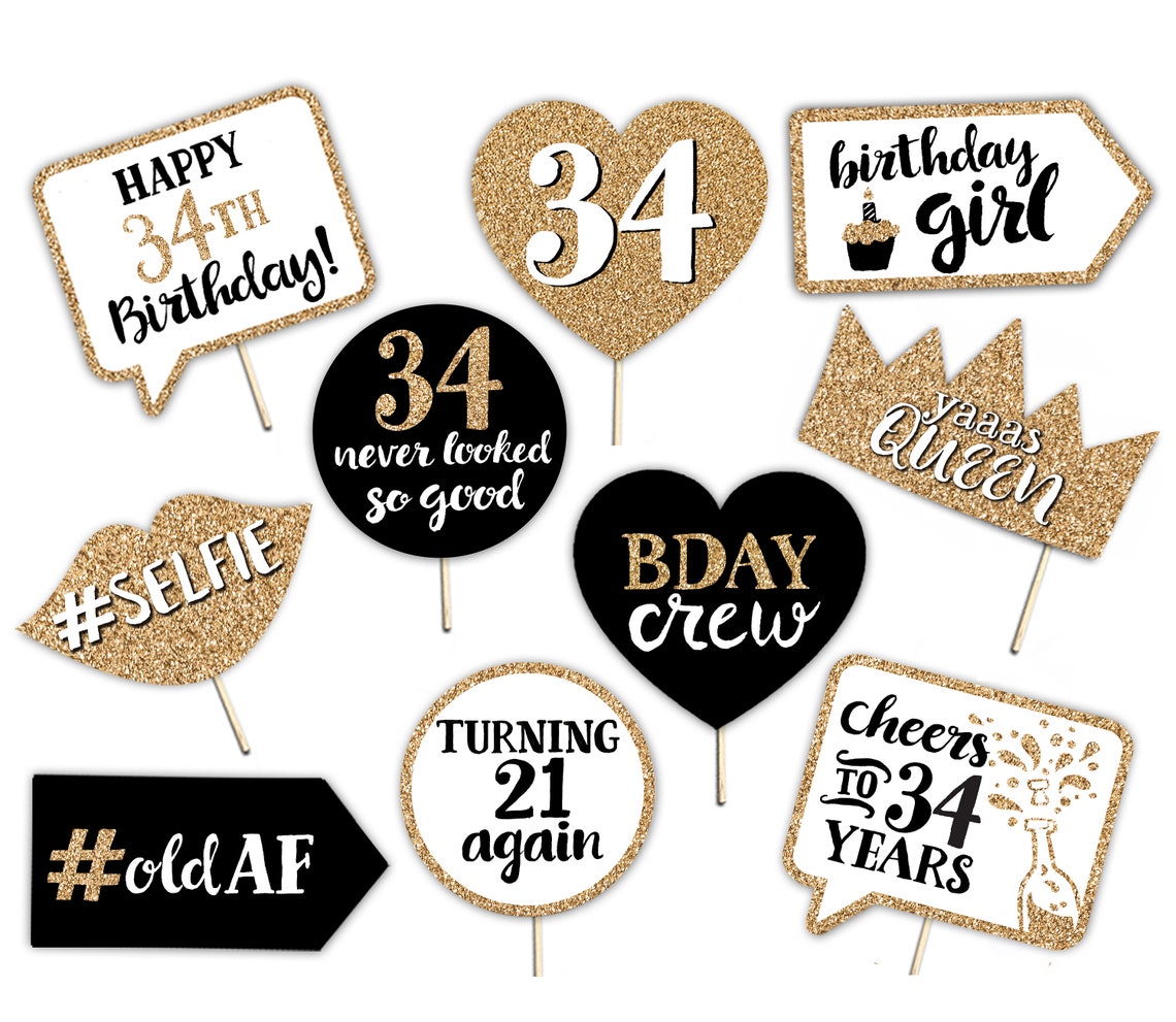 34th Birthday Printable Photo Booth Props - 10 Signs DIY - Gold Glitter ...