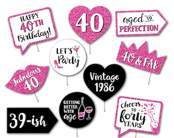 Accesorios imprimibles para fotomatón de 40 cumpleaños en rosa intenso / DESCARGA INSTANTÁNEA / Decoración para fiesta Fab Forty