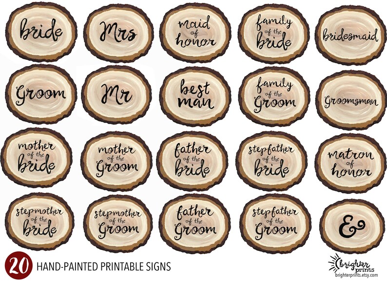 Mr and Mrs Bride and Groom Rustic Wedding Decor Wedding Party 20 Printable Wedding Chair Signs Wood Slice