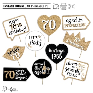 70th Birthday Printable Photo Booth Props - Gold Black and White - 10 Signs - Seventieth Birthday Party